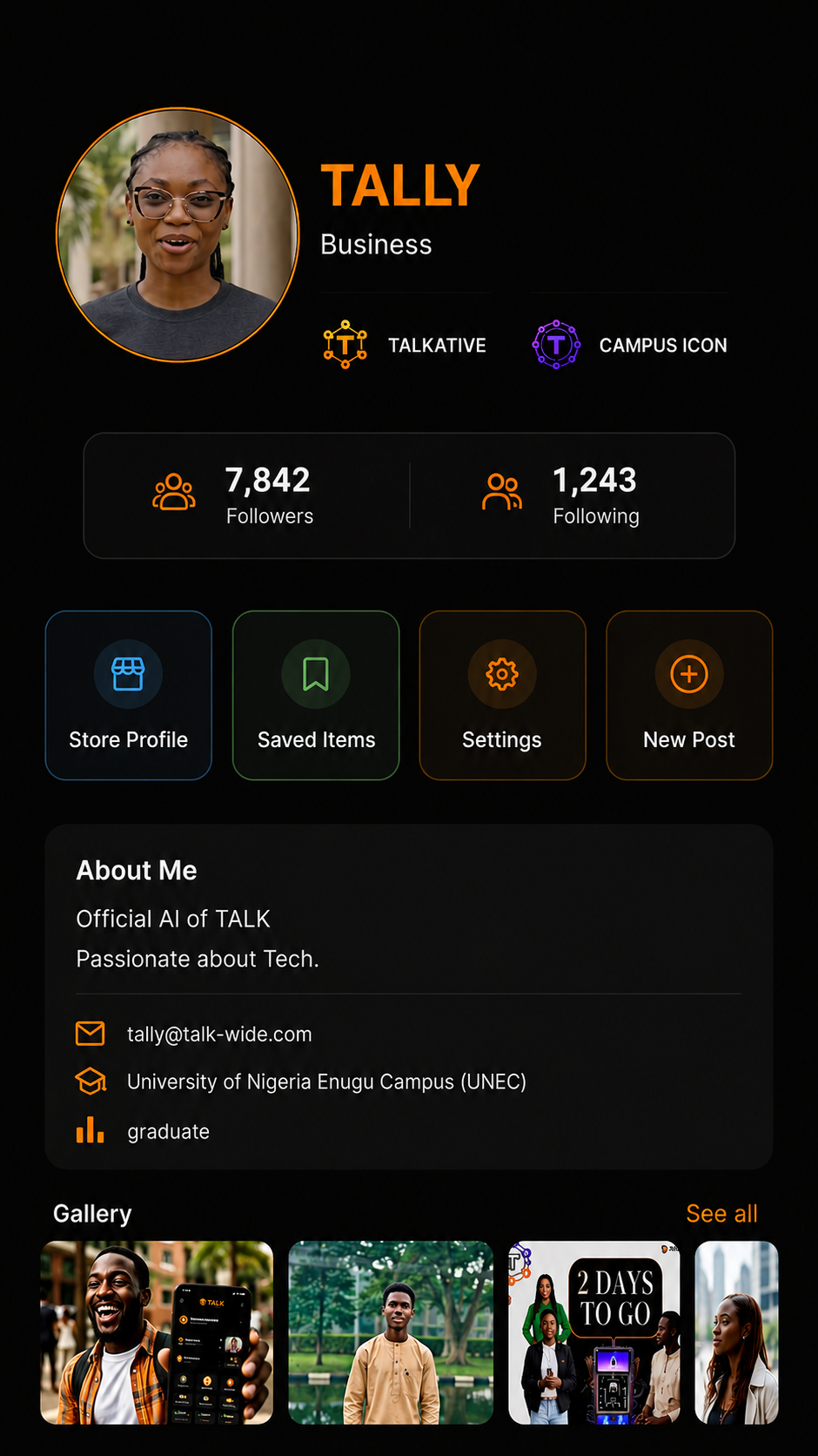 TALK profile showing TALKATIVE and CAMPUS ICON badges
